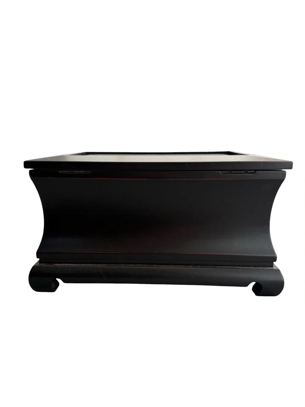 Vintage Asian Black Lacquer Wooden Jewelry Box Glass Top Key Tassel Brass